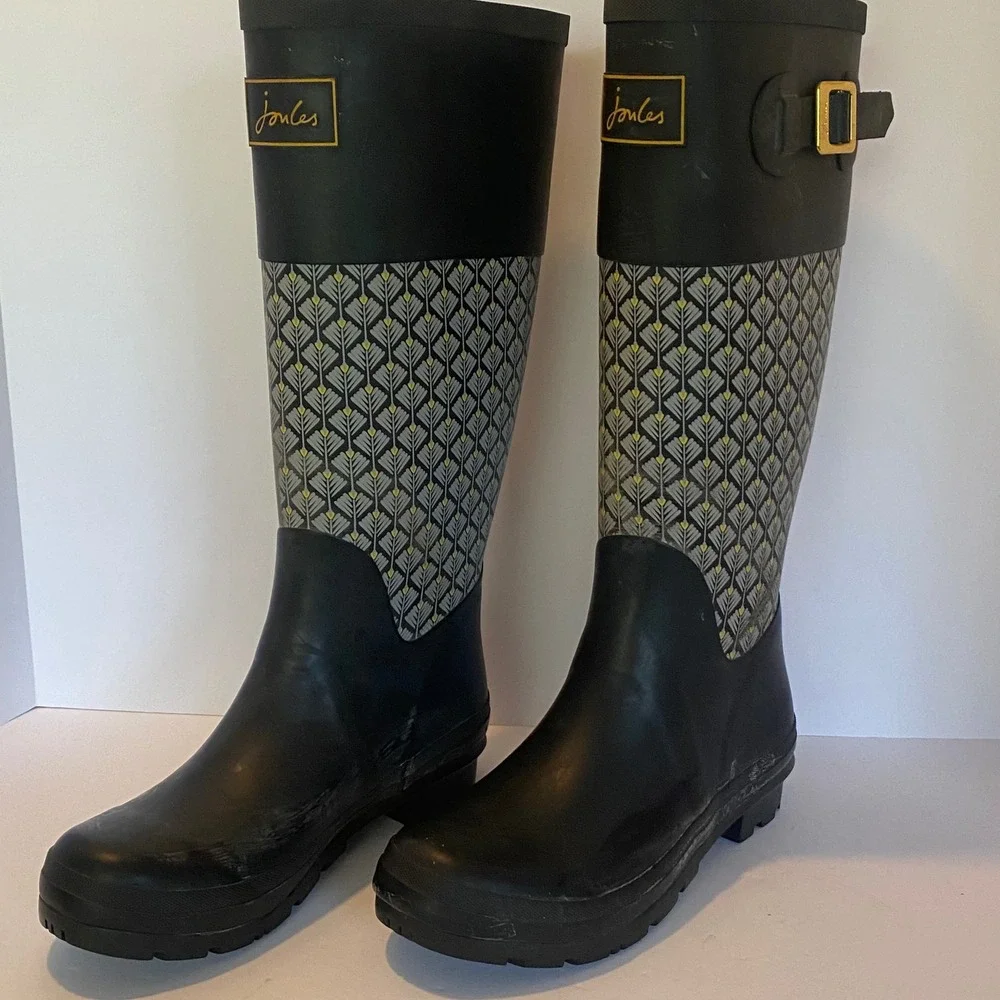Joules Tall Rain Boots Women Size 7 Black Grey Yellow‎ Geometric Leaf Wellies